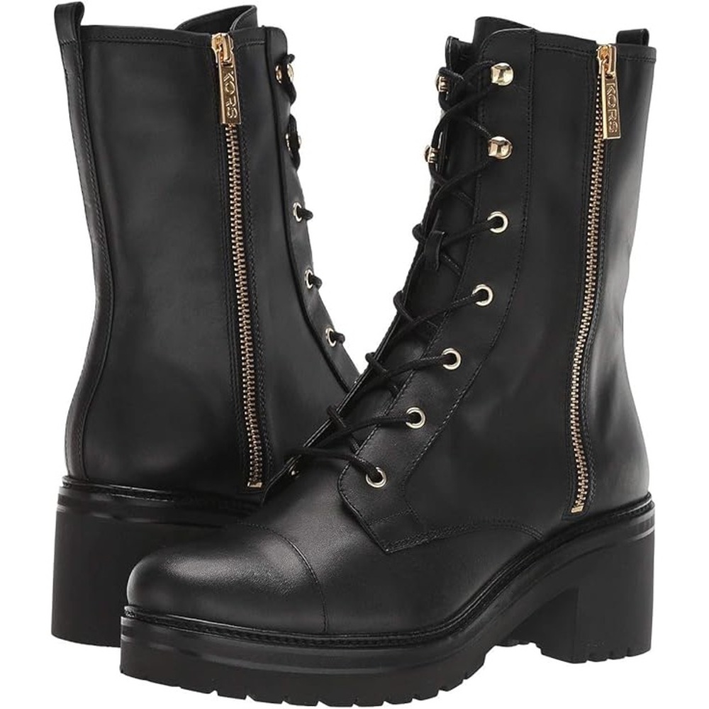 KORS Anaka Leather Lace Up Lug Sole Combat Boots in Black